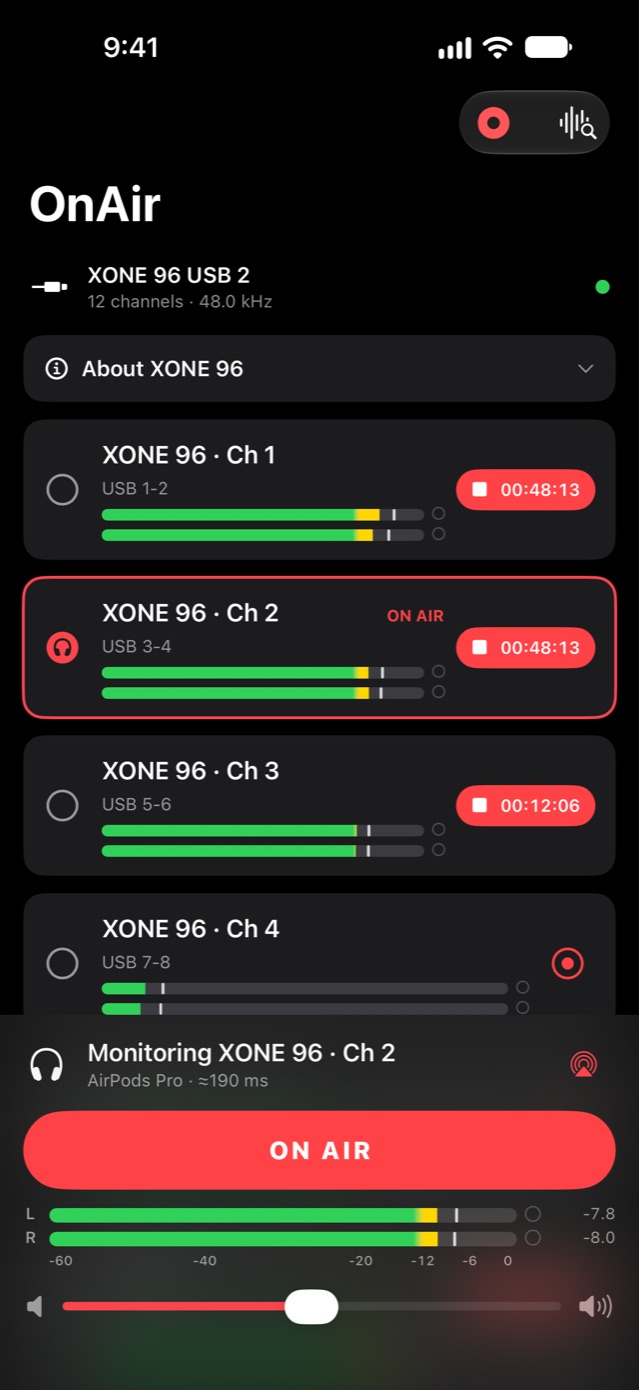 OnAir monitoring channel 2 of an Allen & Heath XONE:96 on AirPods Pro while three channels record, each with its own timer